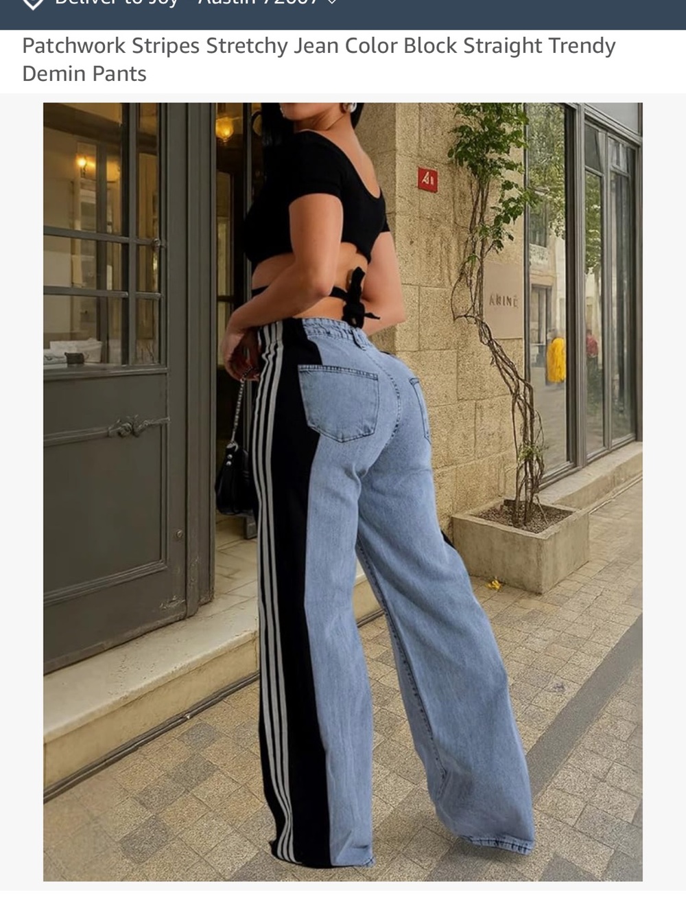 Patchwork Two-Tone Wide Leg Jeans with Stripe Detail - Black & Light Blue